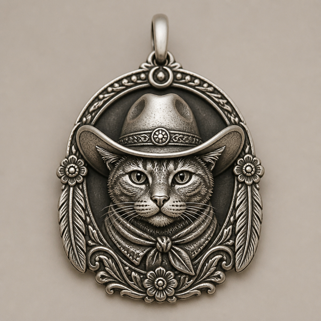 Create a cat with the words, urban cowboy on it inside of the hat
photorealistic jewelry design, Create a cat with the words, urban cowboy on it inside of the hat, bohemian style, just the design no text
