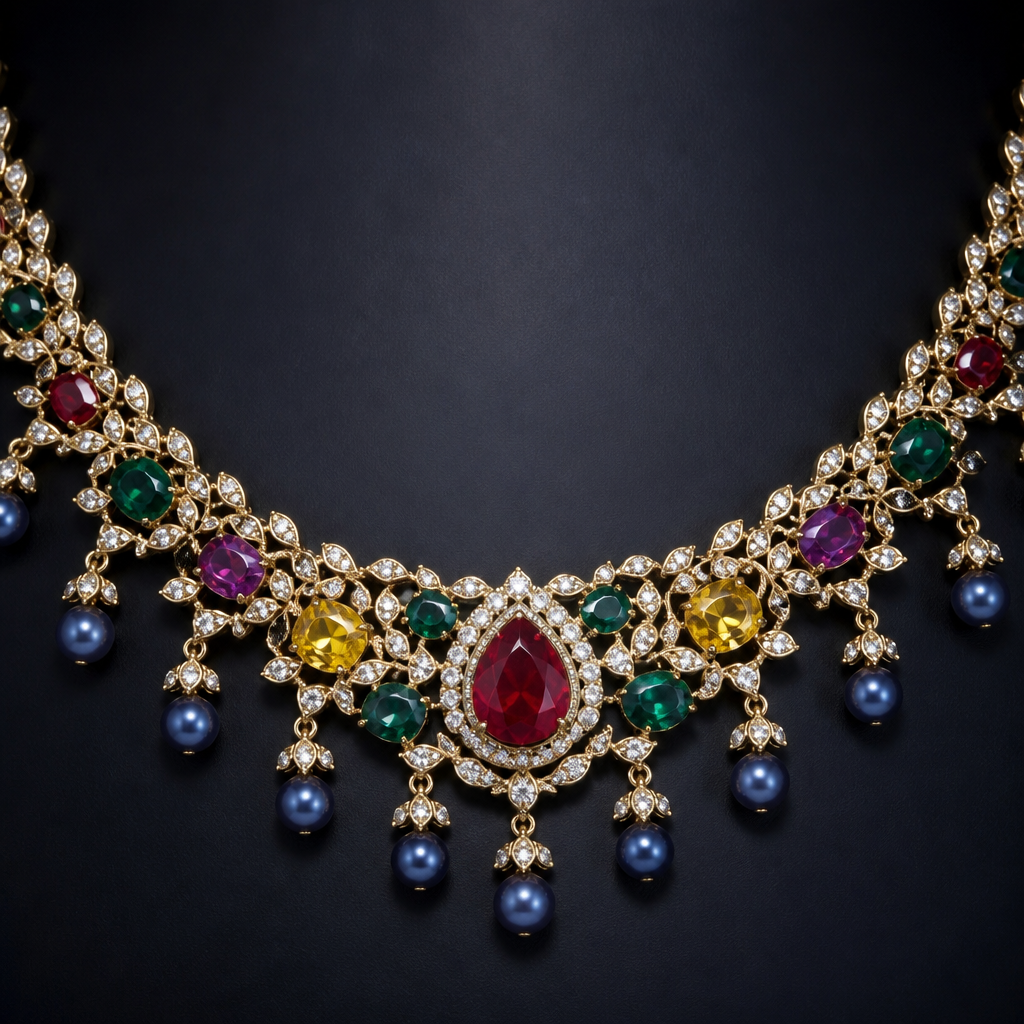 A women's necklace with red diamond and yellow ruby and green emerald and blue pearl and purple garnet and white sapphire stones suitable for party
photorealistic jewelry design, A women's necklace with red diamond and yellow ruby and green emerald and blue pearl and purple garnet and white sapphire stones suitable for party, vintage style, just the design no text