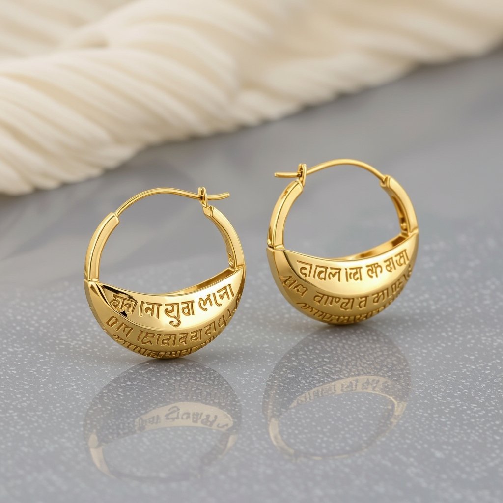 Серьги золотые в форме полукруга, полукруг как продолжение застежки, на полукруге надписи мантрами на санскрите