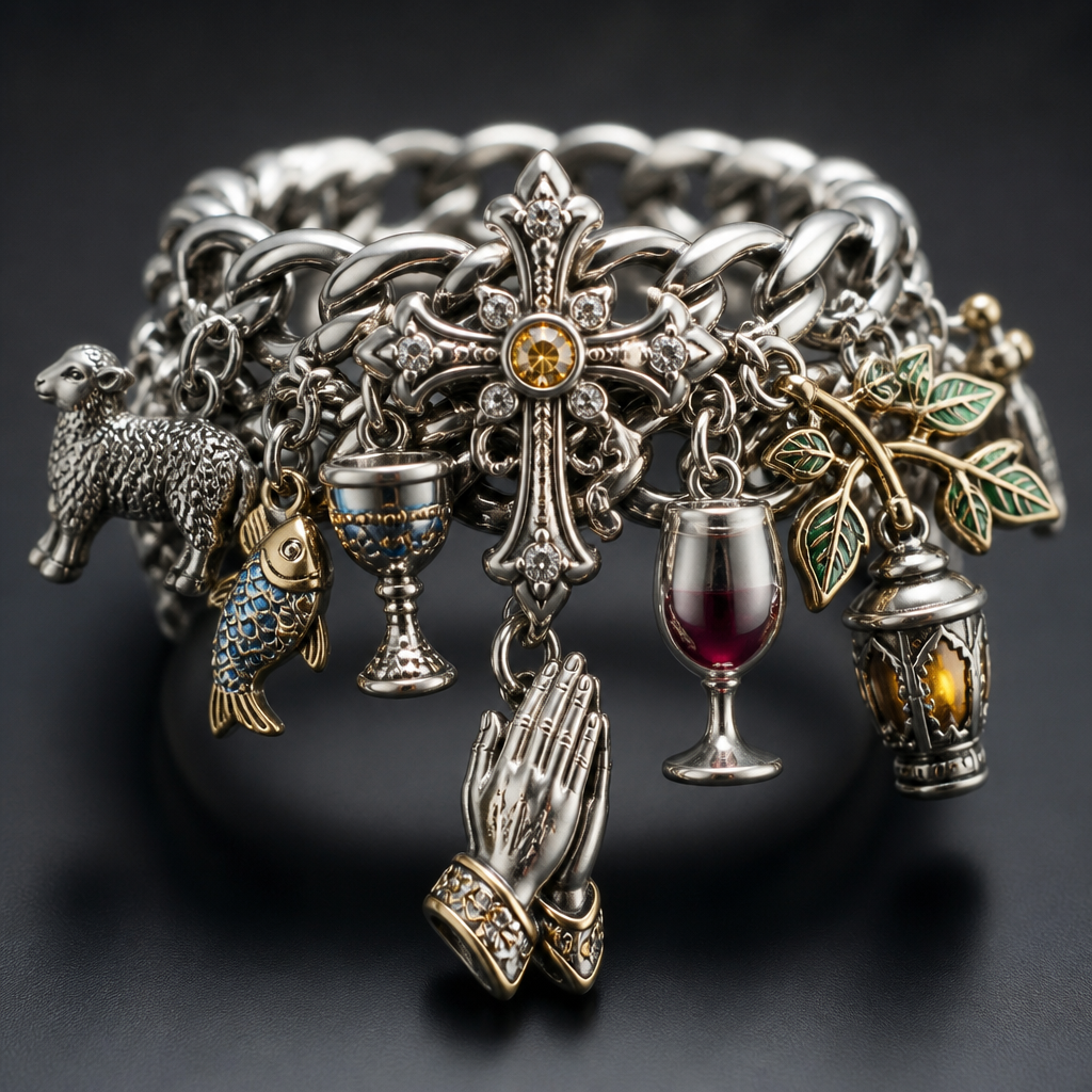 A women's ring, highly ornate, intricate and elaborate, richly detailed. uma mascote de prata com a corrente um pouco grossas e pingentes sobre cruz, taça de vinho, cálice,ovelinha,peixe,luz ou brilho,ramo,mãos louvando esses pingentes em 3d e com um pouco de cor
photorealistic jewelry design, A women's ring, highly ornate, intricate and elaborate, richly detailed. uma mascote de prata com a corrente um pouco grossas e pingentes sobre cruz, taça de vinho, cálice,ovelinha,peixe,luz ou brilho,ramo,mãos louvando esses pingentes em 3d e com um pouco de cor, modern style, just the design no text