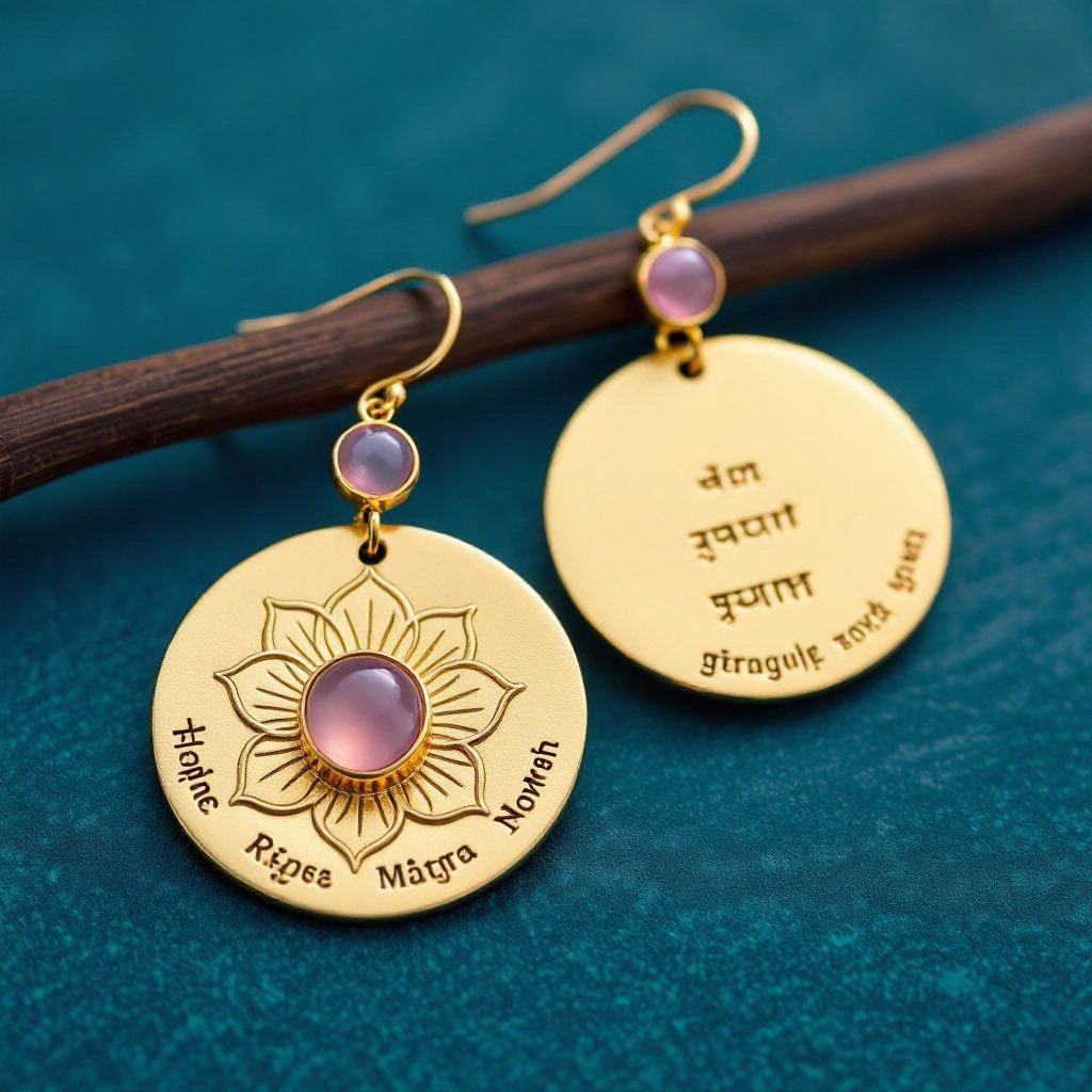 Gold-colored matte ring earrings. The diameter is 1 cm. Pendant in the form of a flat lotus with 6 petals. In the center of the lotus is a rose quartz stone. There are mantras in Sanskrit in small print on the petals.