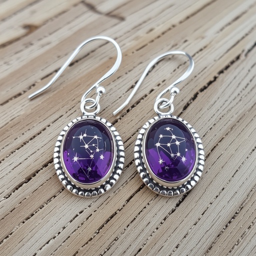 Серьги. Символ созвездие. Маленькие фиолетовые камушки