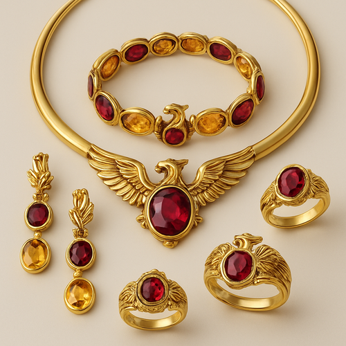 A full Ruby jewelry set including bracelet, earrings and rings with at least 10 citrine and topaz inlays with phoenix themes and an omega necklace