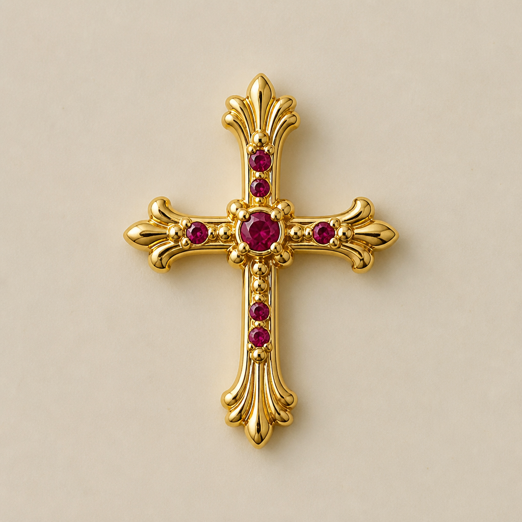 Dainty and feminine Gold cross with rubies, majority gold . Hidden bail
photorealistic jewelry design, Dainty and feminine Gold cross with rubies, majority gold . Hidden bail, bespoke style, just the design no text