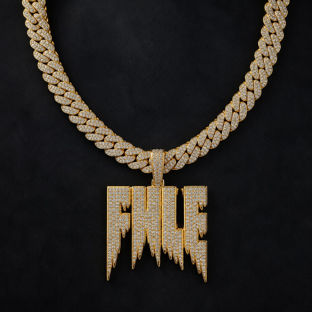 Gold and Diamond Cuban link chain with F.M.L.E pendant
photorealistic jewelry design, Gold and Diamond Cuban link chain with F.M.L.E pendant , just the design no text