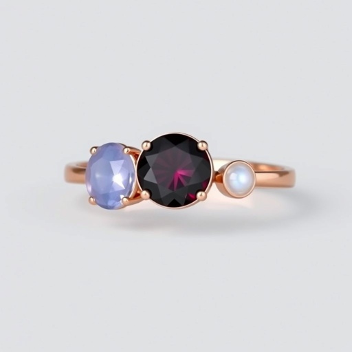 A simple rose gold engagement ring set with a circular alexandrite. Also set with a small half circle blue chalcedony on one side right next to it, and a small half circle moonstone set on the other side right next to it. On the inside of the band, it has an inscription reading, “Tuum. Et in hac vita et in altera.”