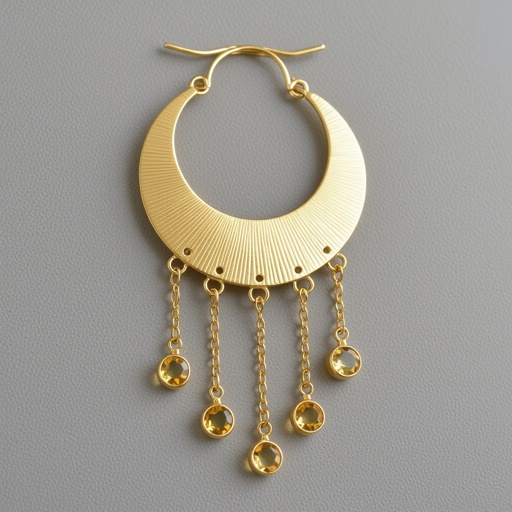 Золотые серьги словно мятое золото в форме узкого изящного полумесяца. Верхушка полумесяца крепится к застежке серьги.  От полумесяца идет три цепочки, у каждой на конце мелкий камушек цитрин
