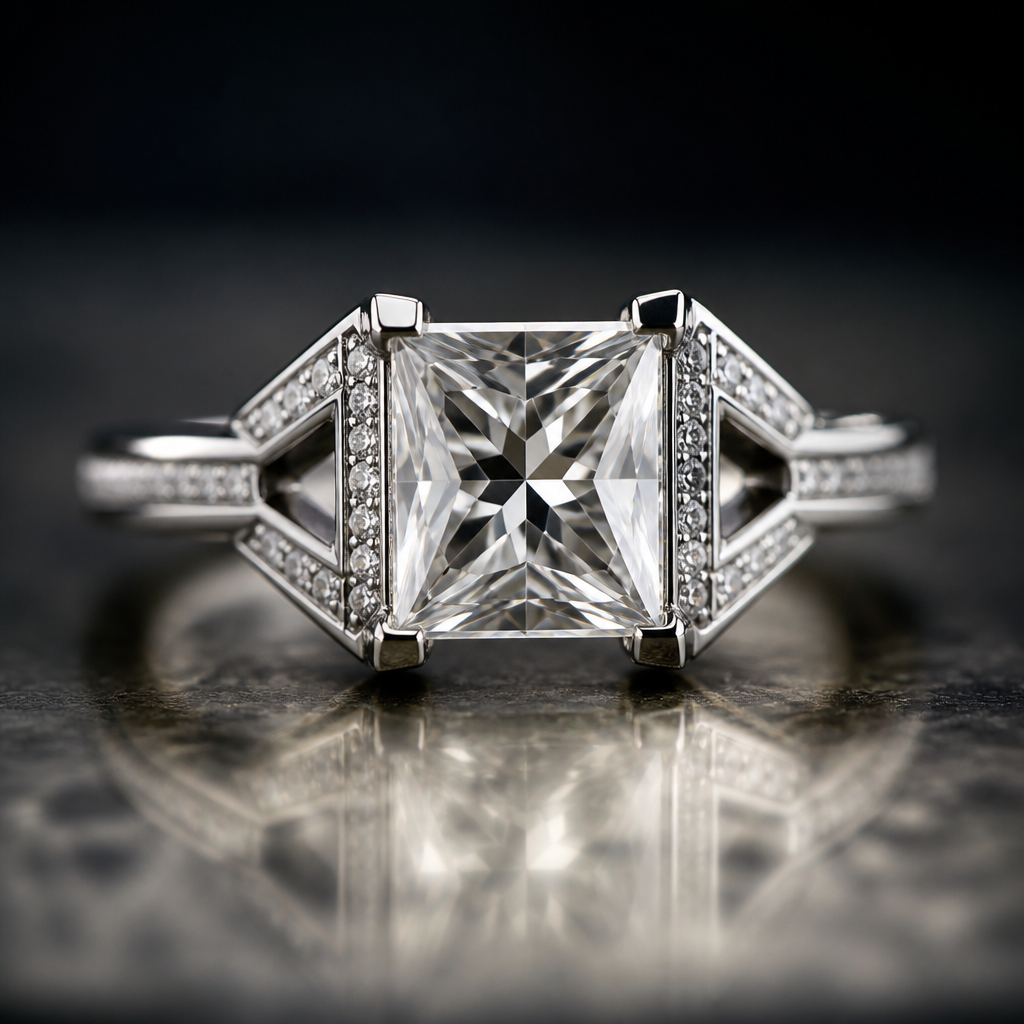 square cut ring in silver setting- unique design
photorealistic jewelry design, square cut ring in silver setting- unique design , just the design no text