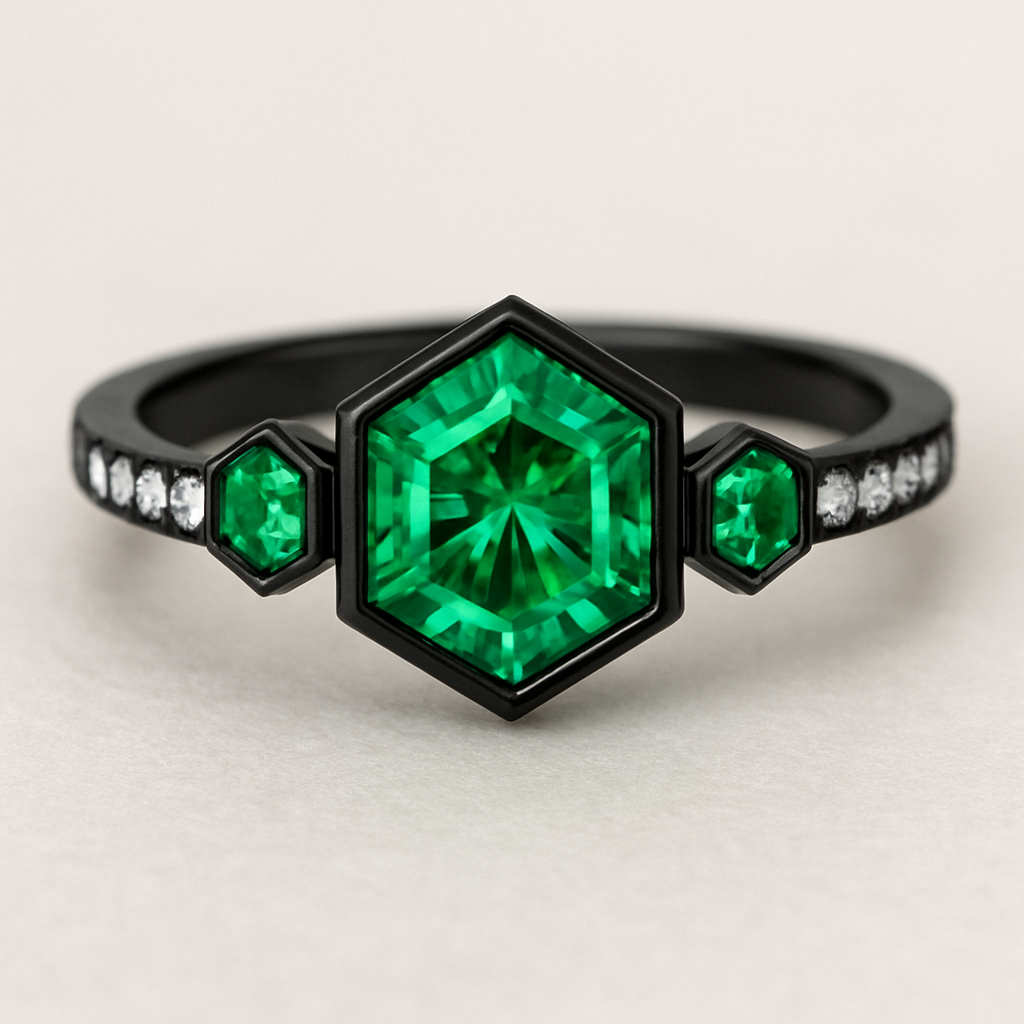 Hexagon cut, emeralds top and bottom, stones on the side, black band 