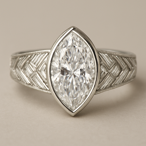 Bezel set 6 carat marquise diamond center stone with baguette diamonds in a herringbone pattern in the band