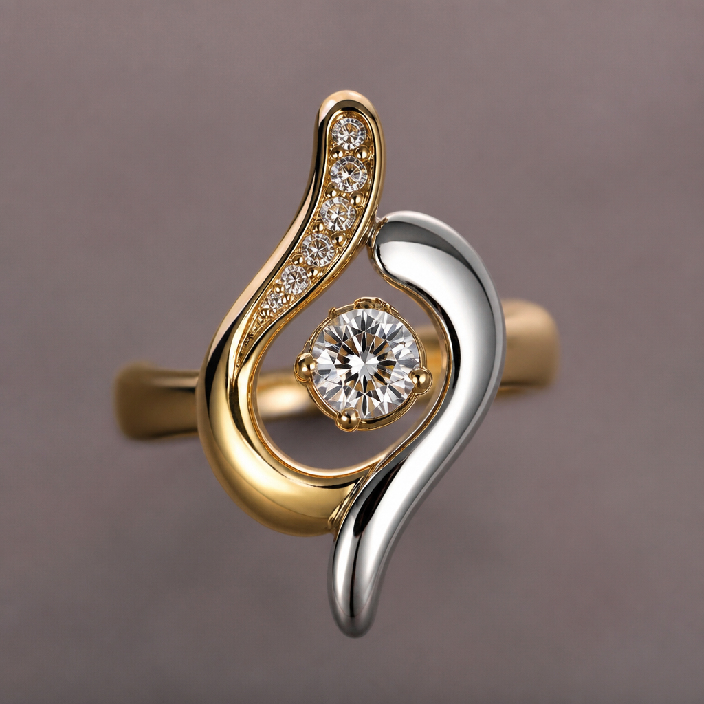 A abstract women's ring made of mixed metal with diamond stones suitable for festival. An extraordinary excellent beautiful delicate and elegant solitaire women ring. Face of the ring.
photorealistic jewelry design, A abstract women's ring made of mixed metal with diamond stones suitable for festival. An extraordinary excellent beautiful delicate and elegant solitaire women ring. Face of the ring., abstract style, just the design no text