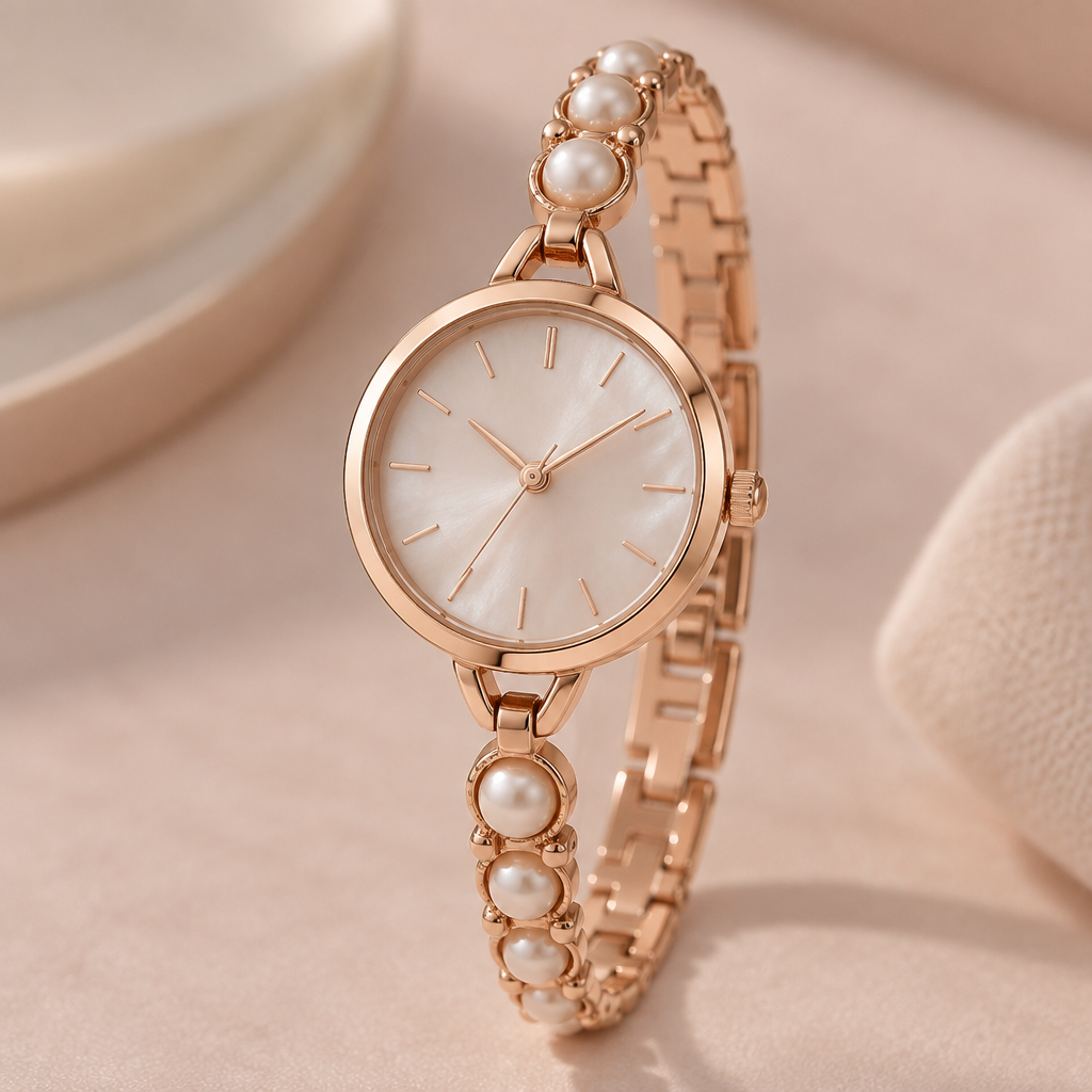 A rose gold women's watch made of rose gold with pearl stones, minimalist, simple and delicate, clean lines
photorealistic jewelry design, A rose gold women's watch made of rose gold with pearl stones, minimalist, simple and delicate, clean lines, rose_gold style, just the design no text