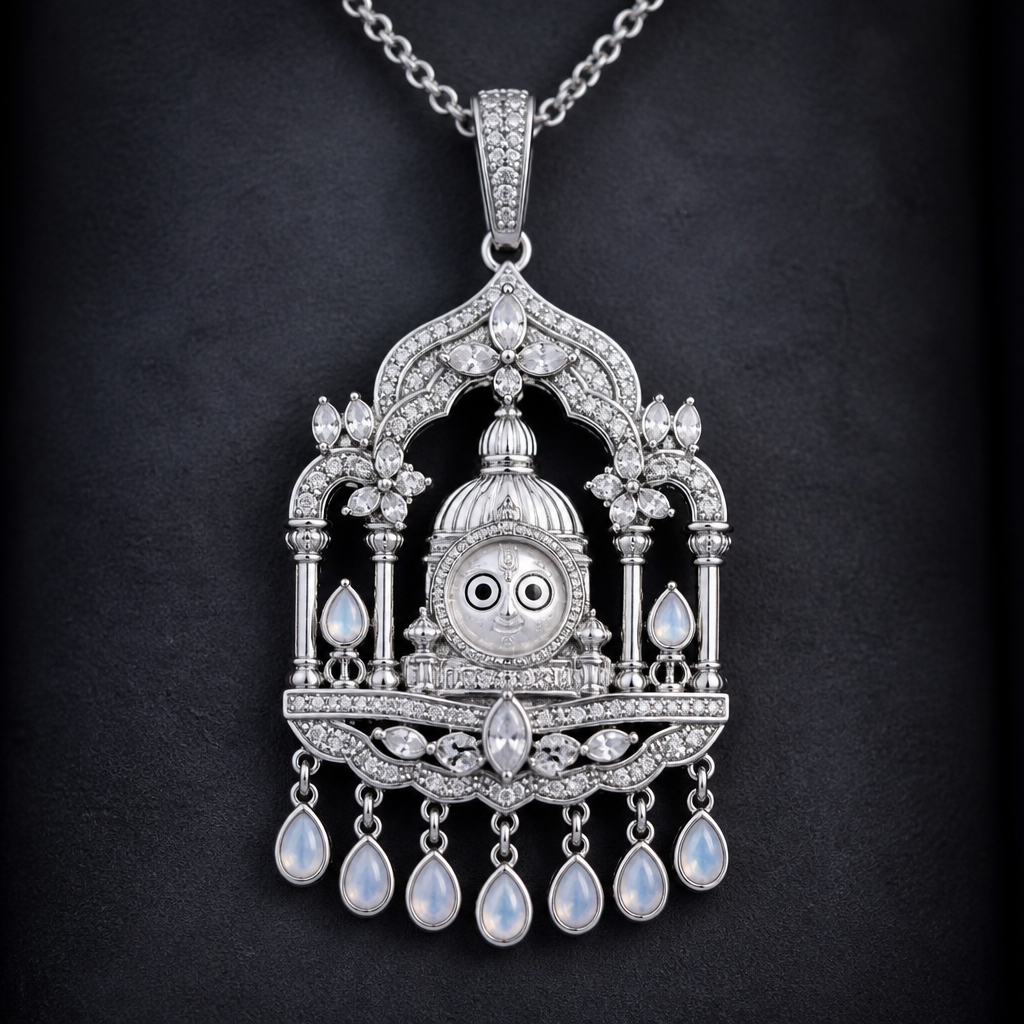 A women's pendant made of silver with diamond stones. a Jagannath Ji pandal which has moon stone
photorealistic jewelry design, A women's pendant made of silver with diamond stones. a Jagannath Ji pandal which has moon stone, modern style, just the design no text
