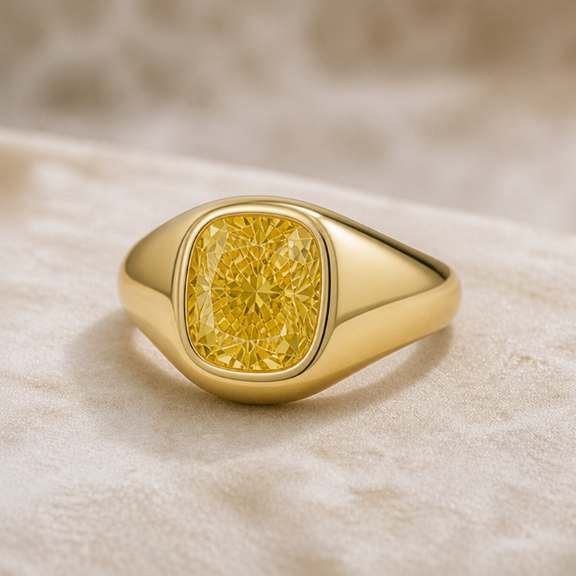 1.1 ct fancy vivid yellow diamond inside gold signet band
edit the attached jewelry design with these instructions: 1.1 ct fancy vivid yellow diamond inside gold signet band. keep it photorealistic, just the design no text