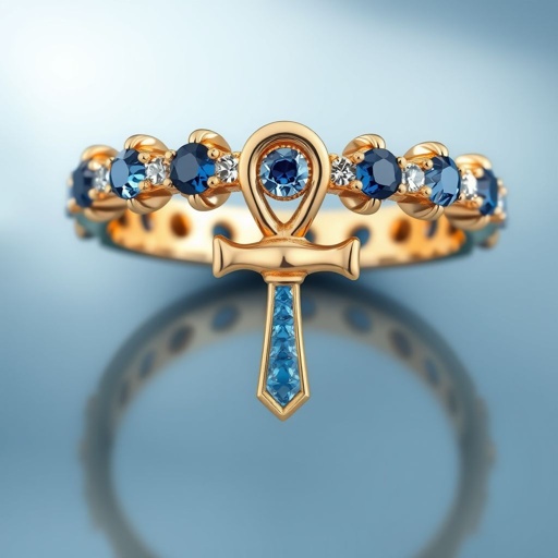 Create a gold full eternity ring with ankh shaped claws 