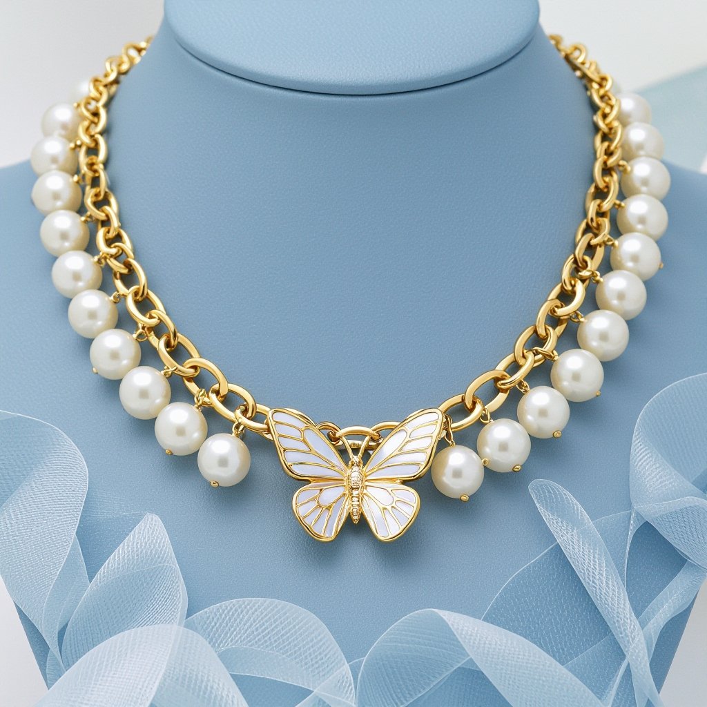Pearls and chains with butterfly cocoons