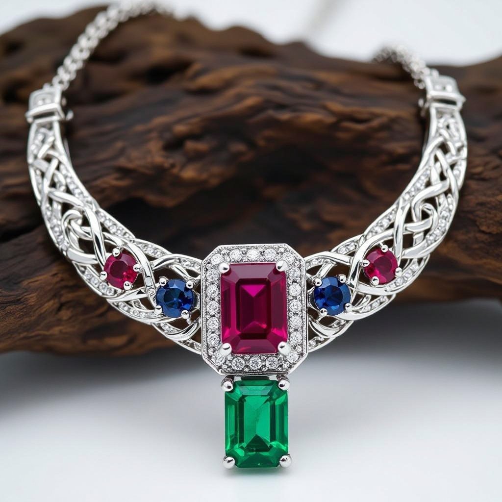  A celtic 50 carat necklace with VVS  emerald -cut  ruby and sapphire gemstones and 18k silver chain