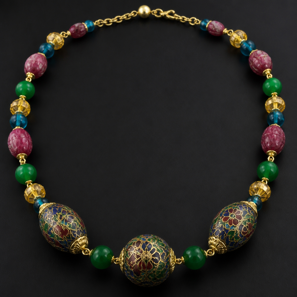 "Large cloisonne center bead 20mm round gold green red blue, two egg shapped cloisonne 25mm x 15 gold green red blue, round 15mm emerald green beads, carved rough cut ruby egg shapped 14mm x 10mm beads, blue apatite 8mm round beads, faceted rondel shapped citrine 8mm x 5mm, gold findings, necklace”
photorealistic jewelry design, "Large cloisonne center bead 20mm round gold green red blue, two egg shapped cloisonne 25mm x 15 gold green red blue, round 15mm emerald green beads, carved rough cut ruby egg shapped 14mm x 10mm beads, blue apatite 8mm round beads, faceted rondel shapped citrine 8mm x 5mm, gold findings, necklace”, vintage style, just the design no text