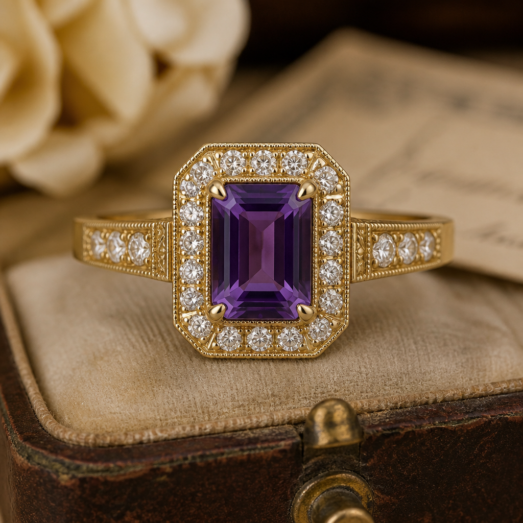 14k yellow gold halo vintage ring with an emerald cut Amethyst that's 11x9mm. There should be diamonds in the halo and down the band. with milgrain.
Vintage jewelry: 14k yellow gold halo ring, emerald cut amethyst, diamond halo and band. Art Deco style with milgrain.