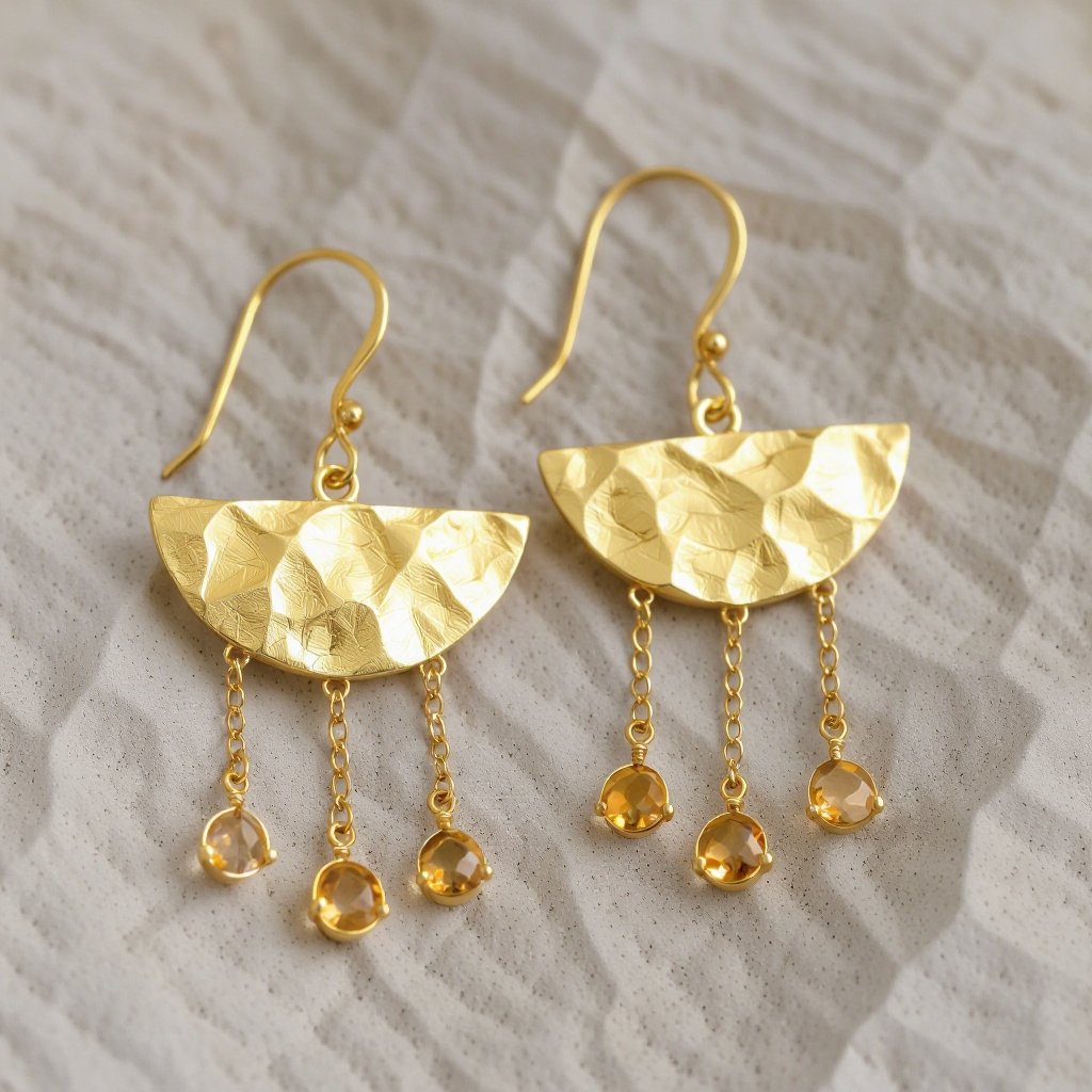 Золотые серьги словно мятое золото в форме узкого изящного полумесяца. Верхушка полумесяца крепится к застежке серьги.  От полумесяца идет три цепочки, у каждой на конце мелкий камушек цитрин