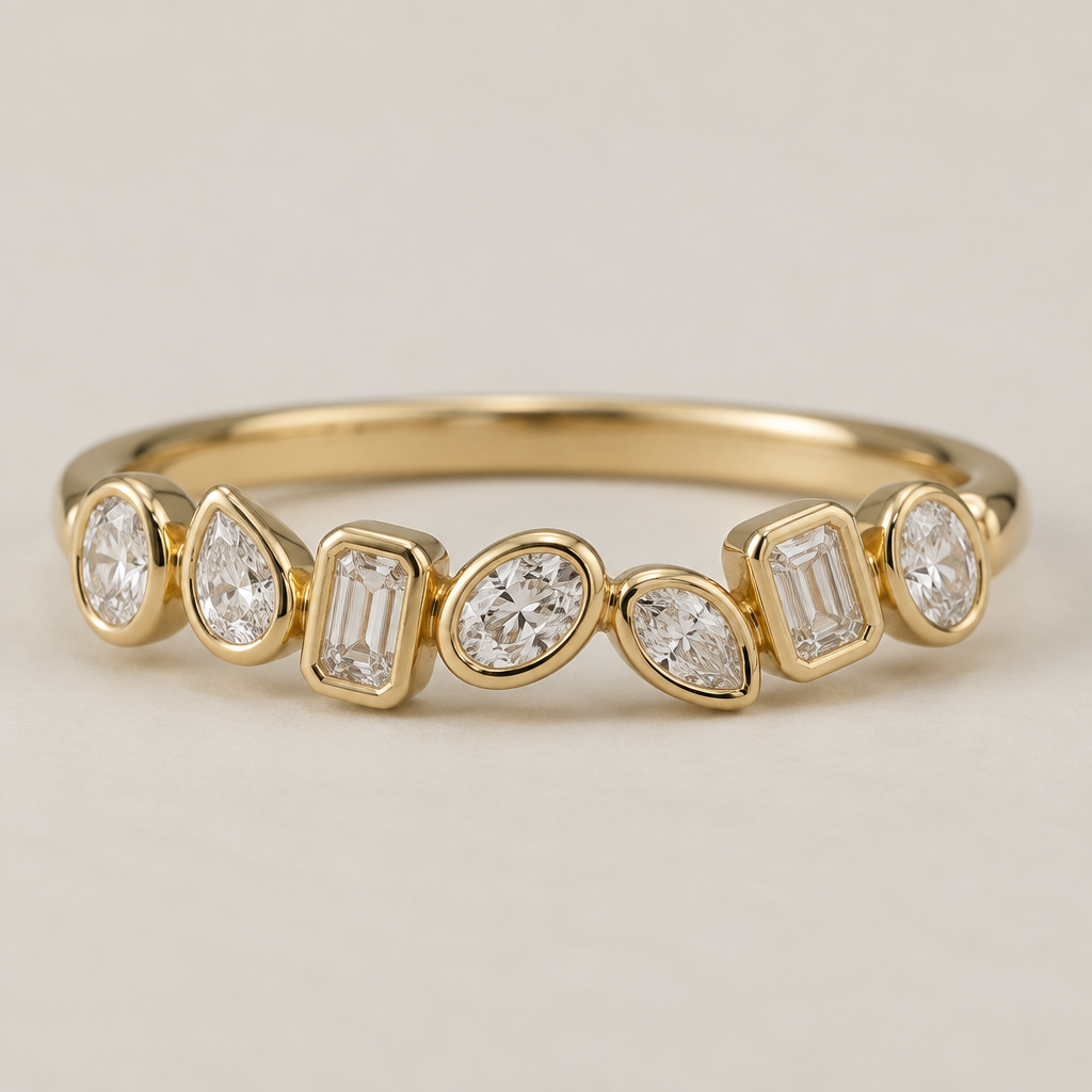 .10 ovals. .15 pears, .10 emeralds, yellow gold band, straight line, all at different angles, random placement
photorealistic jewelry design, .10 ovals. .15 pears, .10 emeralds, yellow gold band, straight line, all at different angles, random placement , bezel style, just the design no text