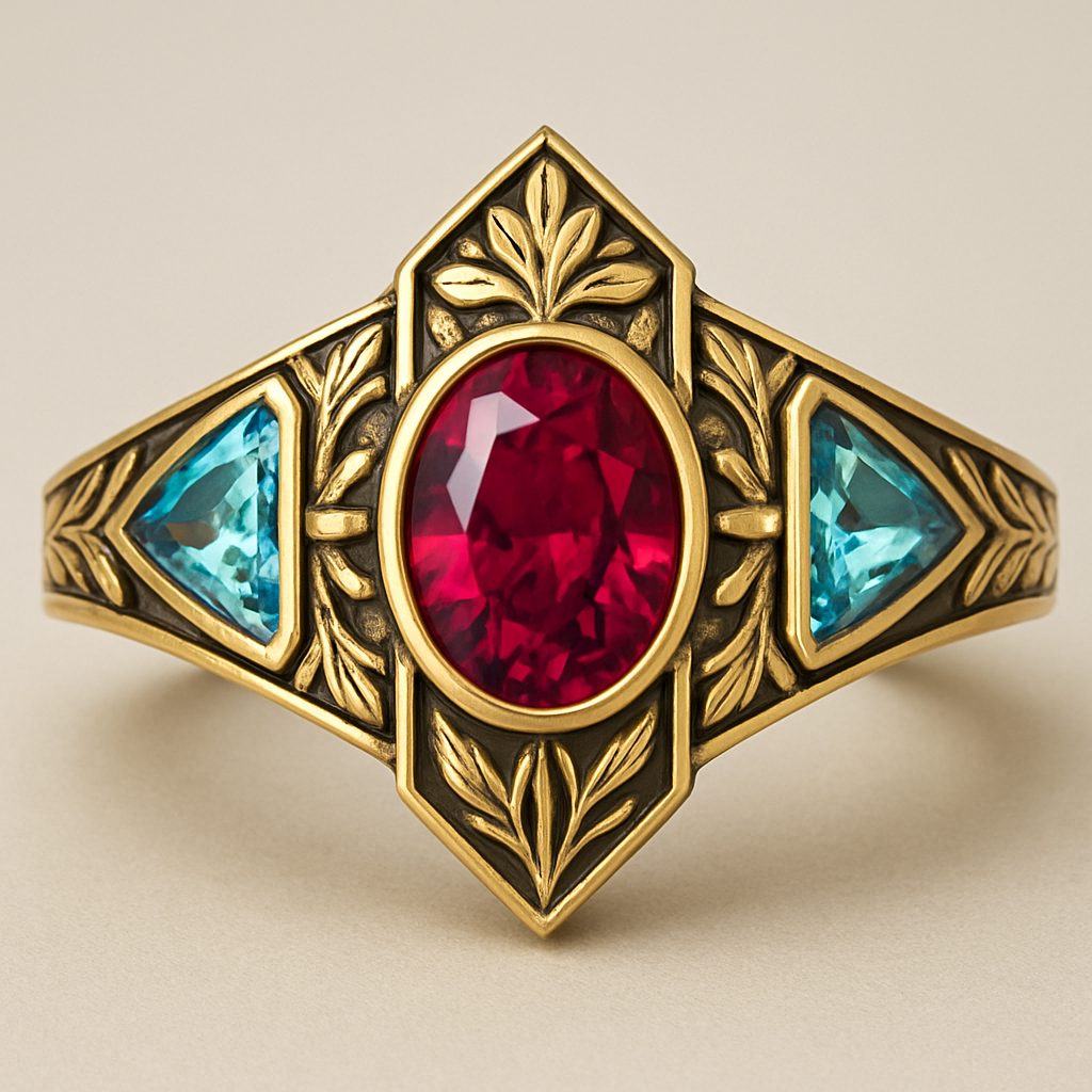 Ruby engagement ring with citrine and topaz inlays with nature themes