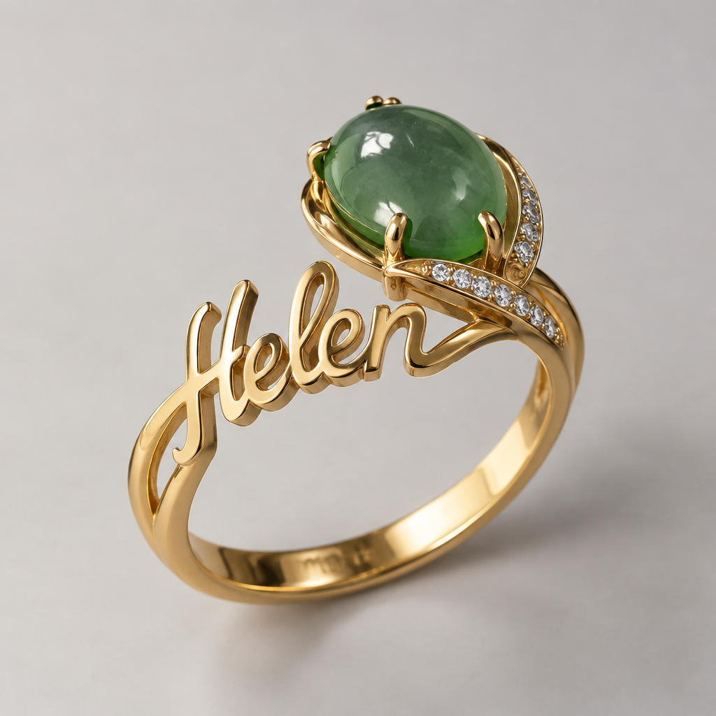 Ring inside name Helen, on the top stone was jade
photorealistic jewelry design, Ring inside name Helen, on the top stone was jade, contemporary style, just the design no text