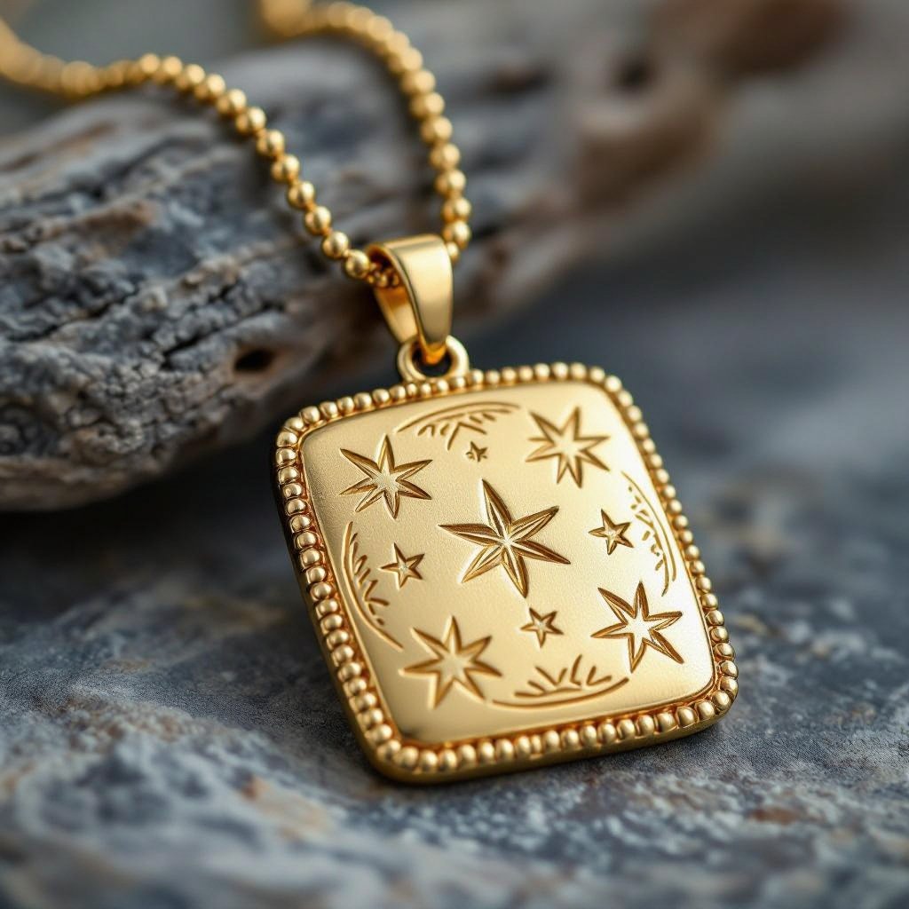 Золотой матовый медальон в форме неровного прямоугольника с округлыми краями. По краям выпуклые точки сплошной линией. На прямоугольнике разные мелкие узоры вырезаны. Символически изображена земля и звезды