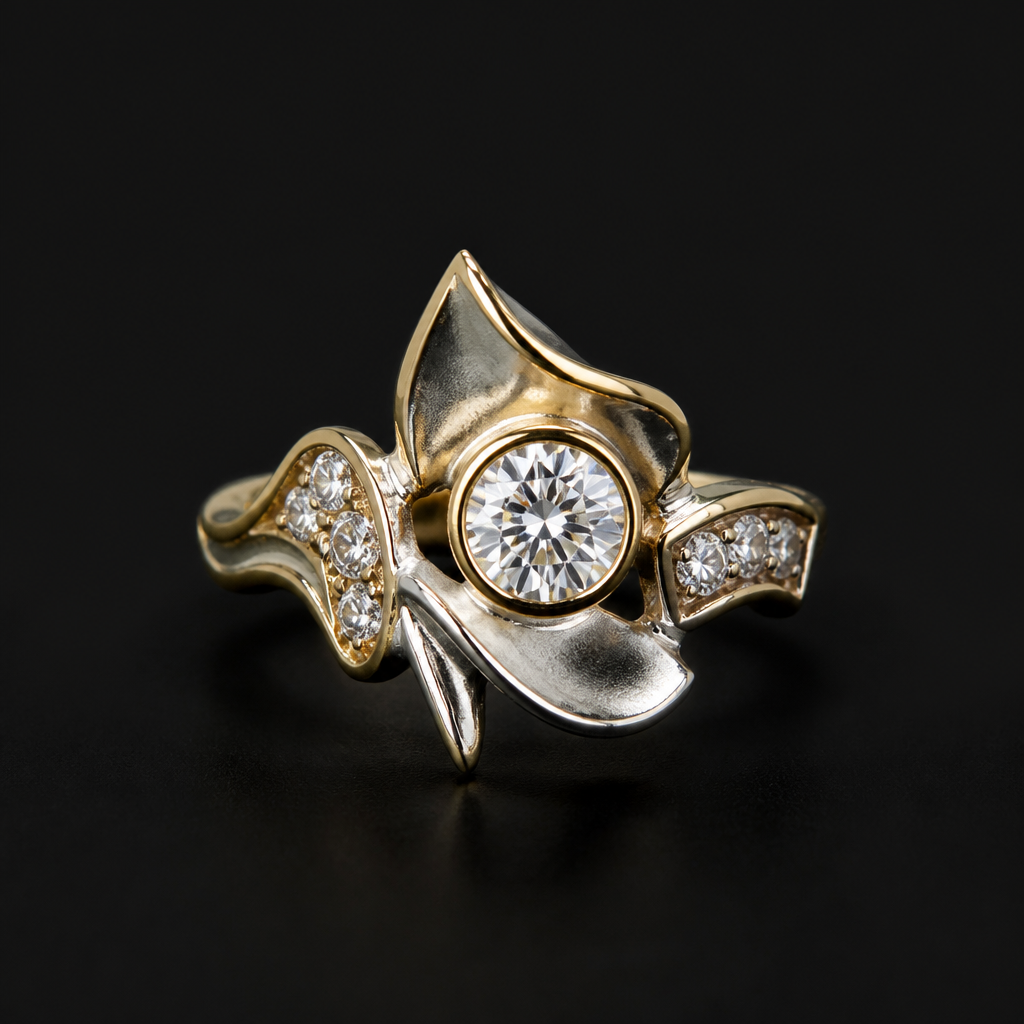 A avant-garde women's ring made of mixed metal with diamond stones suitable for festival. An extraordinary excellent beautiful delicate and elegant solitaire women ring. Face of the ring.
photorealistic jewelry design, A avant-garde women's ring made of mixed metal with diamond stones suitable for festival. An extraordinary excellent beautiful delicate and elegant solitaire women ring. Face of the ring., avant_garde style, just the design no text