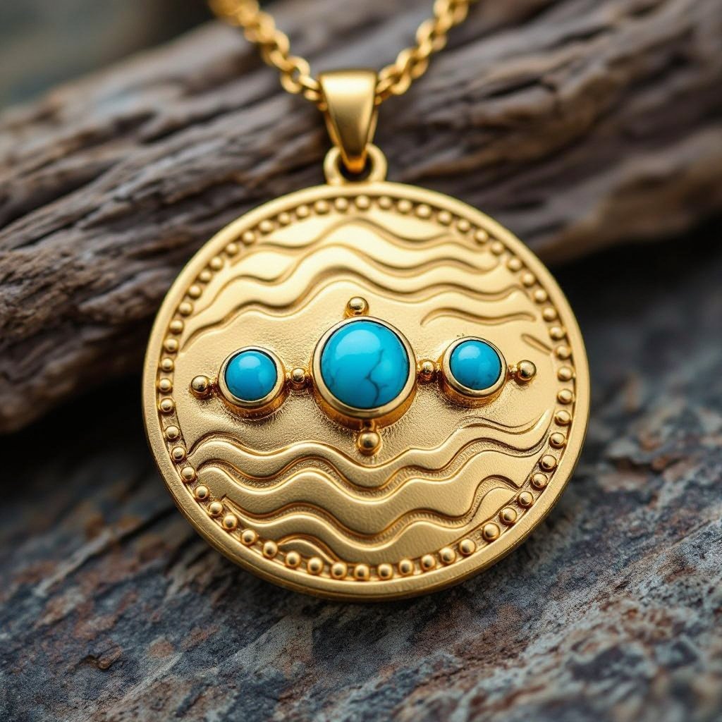 Золотой матовый медальон в форме неровного круга с неровными краями. По краям выпуклые точки сплошной линией. На круге разные волнистые узоры словно волны. Три миниатюрных голубых камушка хаотично расположены в круге