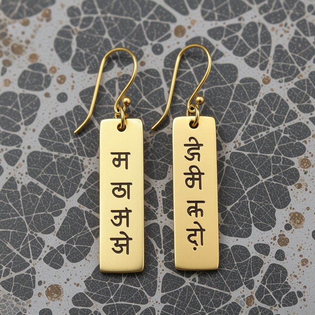 Золотые матовые серьги. На подвеска и виде тонкого длинного прямоугольника. На нем написана мантра Асатома на санскрите. 