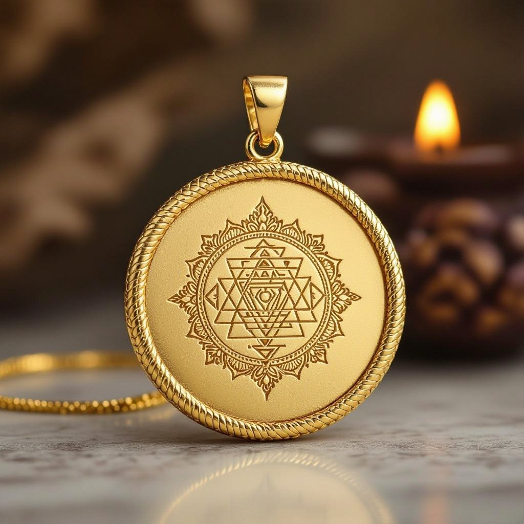 Золотой матовый кулон в виде круга, по окружности золотая тонкая змея в центре изображена янтра богини кали