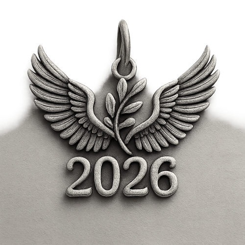 Silver cut-out charm only with  two spread out bird wings, an olive branch and  along year 2026