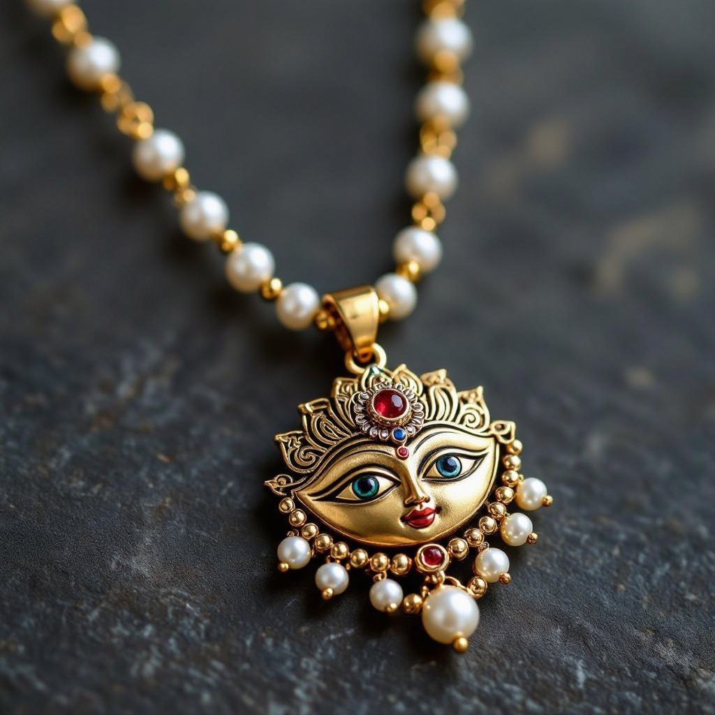 Кулон на длинной цепочке. Матовое светлое золото. В цепочке небольшие золотые шарики и жемчуг. Кулон в виде двух глаз над ними лотос с маленьким красным камнем внутри узоры завитушки 