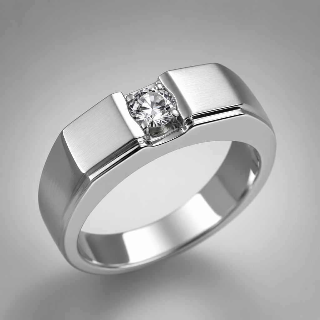 A modern men's ring made of silver with diamond stones suitable for daily wear. only diamond on senter
photorealistic jewelry design, A modern men's ring made of silver with diamond stones suitable for daily wear. only diamond on senter, modern style, just the design no text