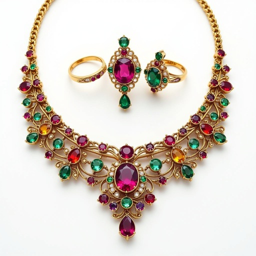 Necklace and ring and earring with luxury colorful jewel with gold