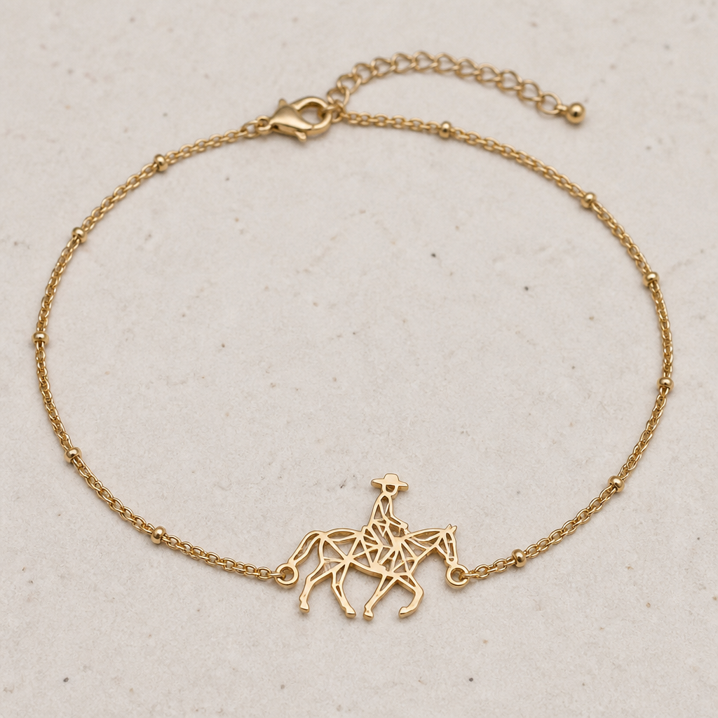 Create a anklet with urban cowboy on it
photorealistic jewelry design, Create a anklet with urban cowboy on it , geometric style, just the design no text