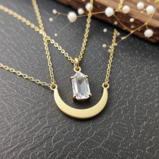 Прозрачный белый кристалл горного хрусталя шестигранный золотой матовый тонкий полумесяц подвеска рядом все на одной цепочке