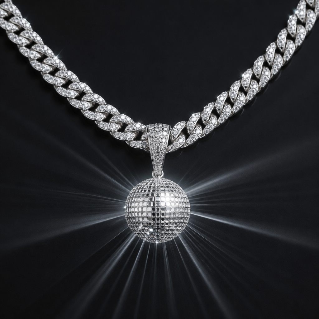 A women's necklace made of white gold with diamond stones. hazme una cubana con un colgante de una bola de discoteca con un sistema de luces que salgan de la bola
photorealistic jewelry design, A women's necklace made of white gold with diamond stones. hazme una cubana con un colgante de una bola de discoteca con un sistema de luces que salgan de la bola, modern style, just the design no text