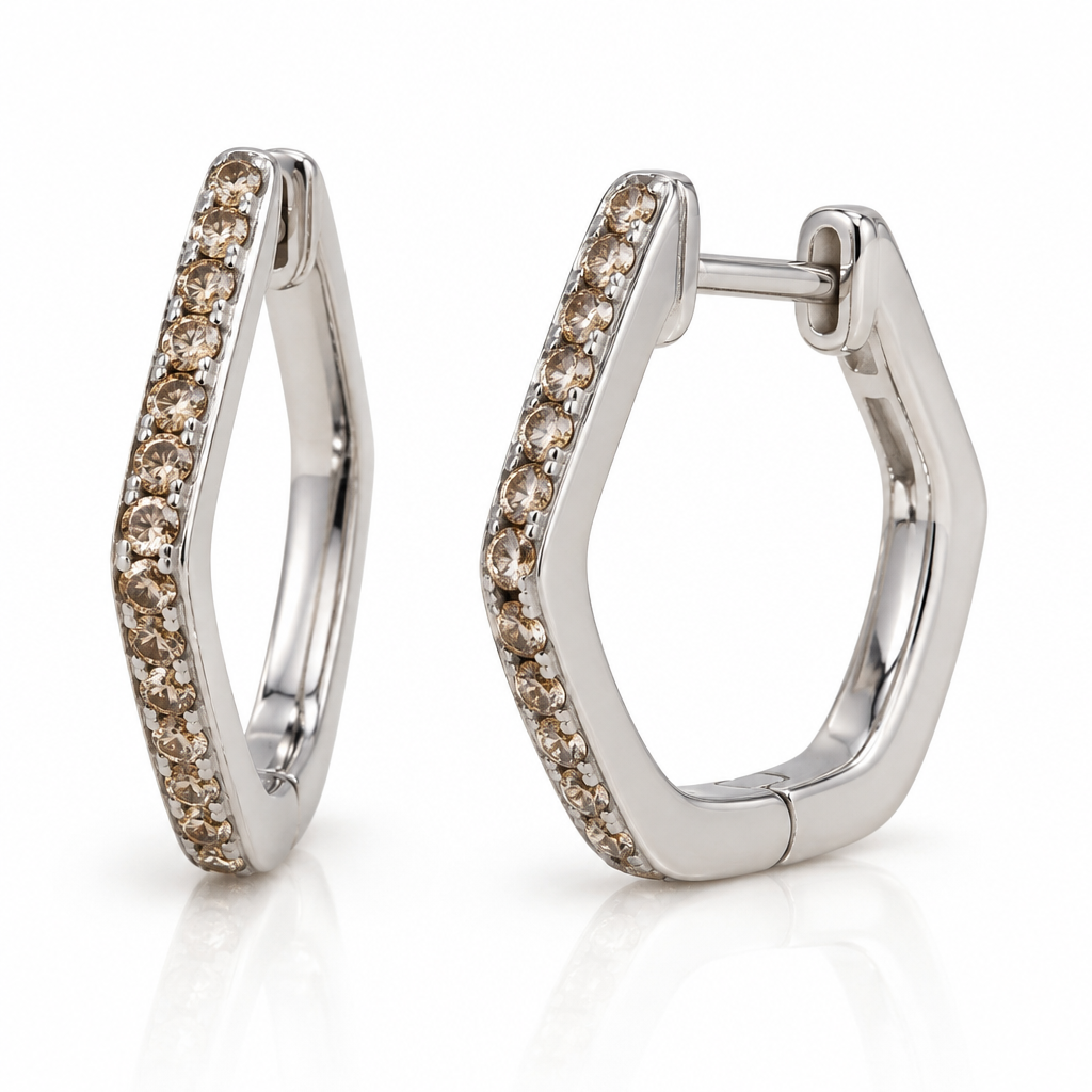 white gold angled hoop earrings total height 16 mm
Single rows of round light brown diamonds shine on the front of each angled hoop
Hinged backs
photorealistic jewelry design, white gold angled hoop earrings total height 16 mm
Single rows of round light brown diamonds shine on the front of each angled hoop
Hinged backs, just the design no text