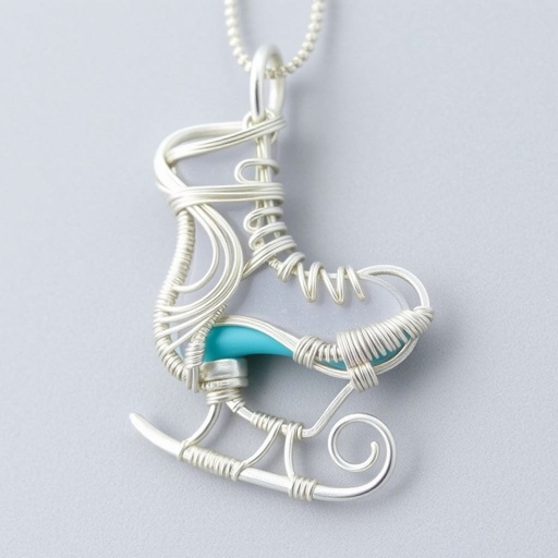Silver Pendant shape one ice skate with turquoise stripe inside the low thin part blade
