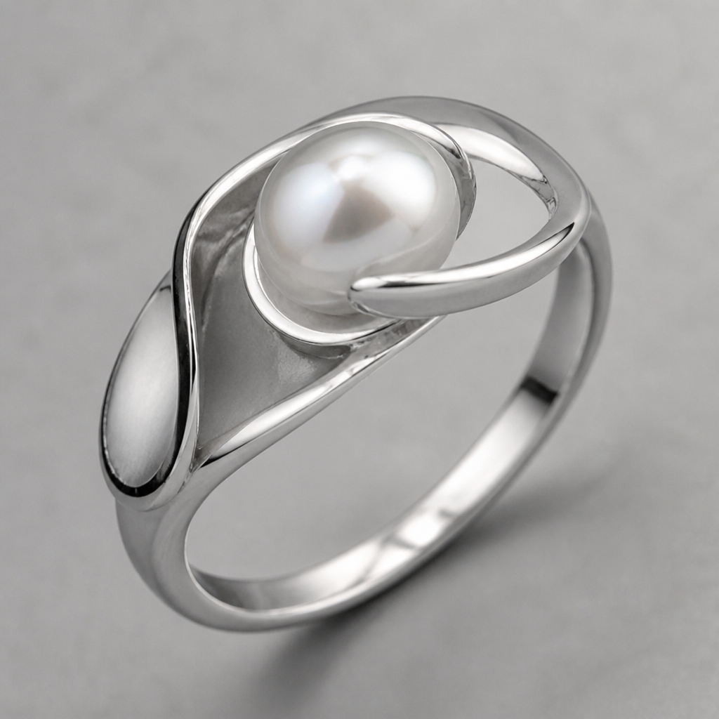 A modern women's ring made of silver with pearl stones
photorealistic jewelry design, A modern women's ring made of silver with pearl stones, modern style, just the design no text