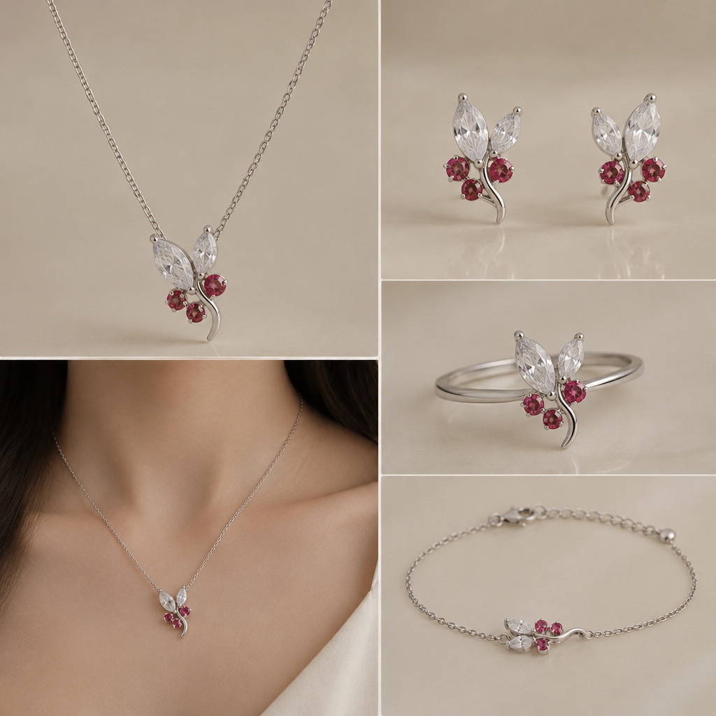 i want a daily set with marquise and ruby dots that is suitable for everyday and small occasions too with silver
photorealistic jewelry design,
i want a daily set with marquise and ruby dots that is suitable for everyday and small occasions too with silver , just the design no text