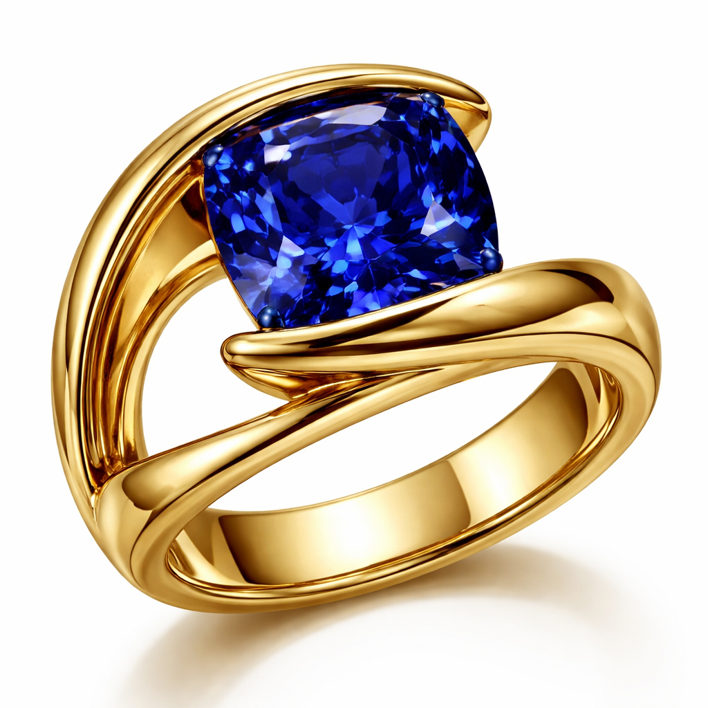 4 carat cushion royal blue sapphire something like contemporary art ring in yellow gold only and with no additional stones