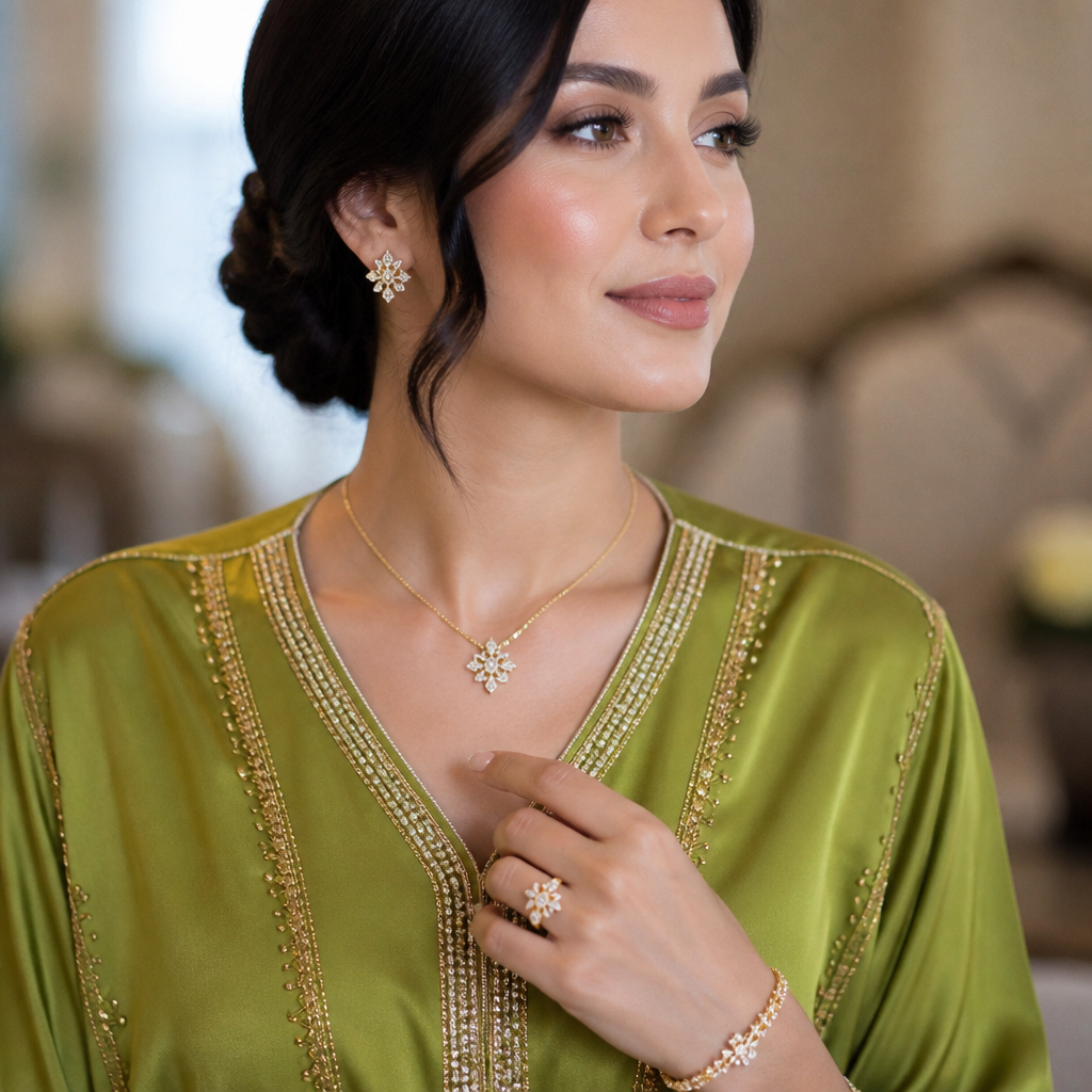 A women's ring. Créer une photo réaliste d’une femme élégante portant cet ensemble de bijoux sur photo que je t ai donné, lumière naturelle, peau lumineuse, arrière-plan flou, haute qualité. En portant un caftan marocain
photorealistic jewelry design, A women's ring. Créer une photo réaliste d’une femme élégante portant cet ensemble de bijoux sur photo que je t ai donné, lumière naturelle, peau lumineuse, arrière-plan flou, haute qualité. En portant un caftan marocain, modern style, just the design no text