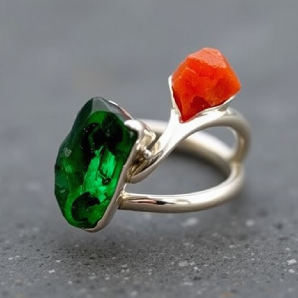 Craft a minimalist silver adjustable ring that delicately embraces the finger. Feature two striking raw natural gemstones—allowing their organic textures and colors to stand out. The design exudes earthy elegance, merging modern style with raw, untamed nature.