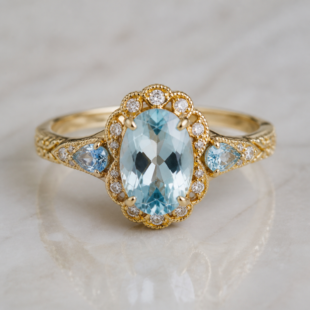 A vintage women's ring made of gold with aquamarine stones suitable for wedding, detailed and decorative, moderately ornate
photorealistic jewelry design, A vintage women's ring made of gold with aquamarine stones suitable for wedding, detailed and decorative, moderately ornate, vintage style, just the design no text