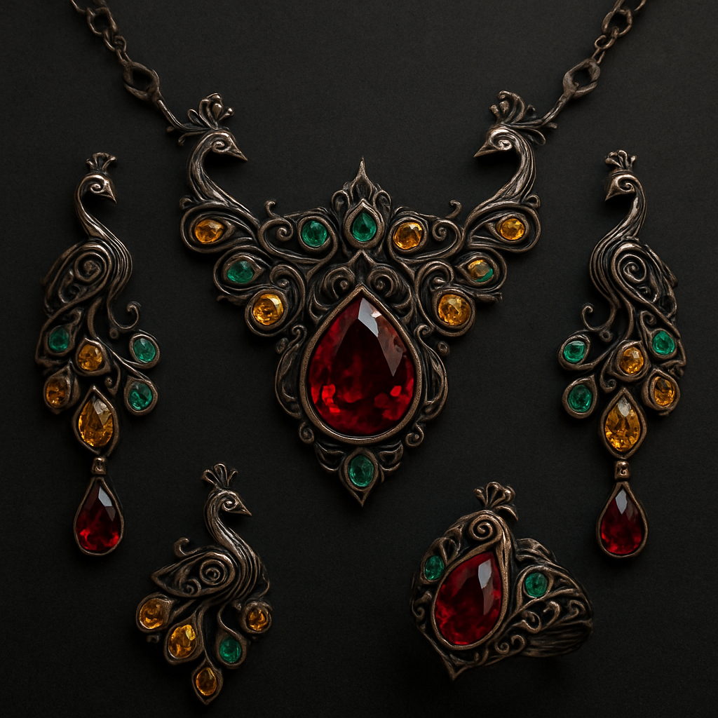 Ruby jewelry set with at least 10 citrine and green topaz inlays with peacock themes