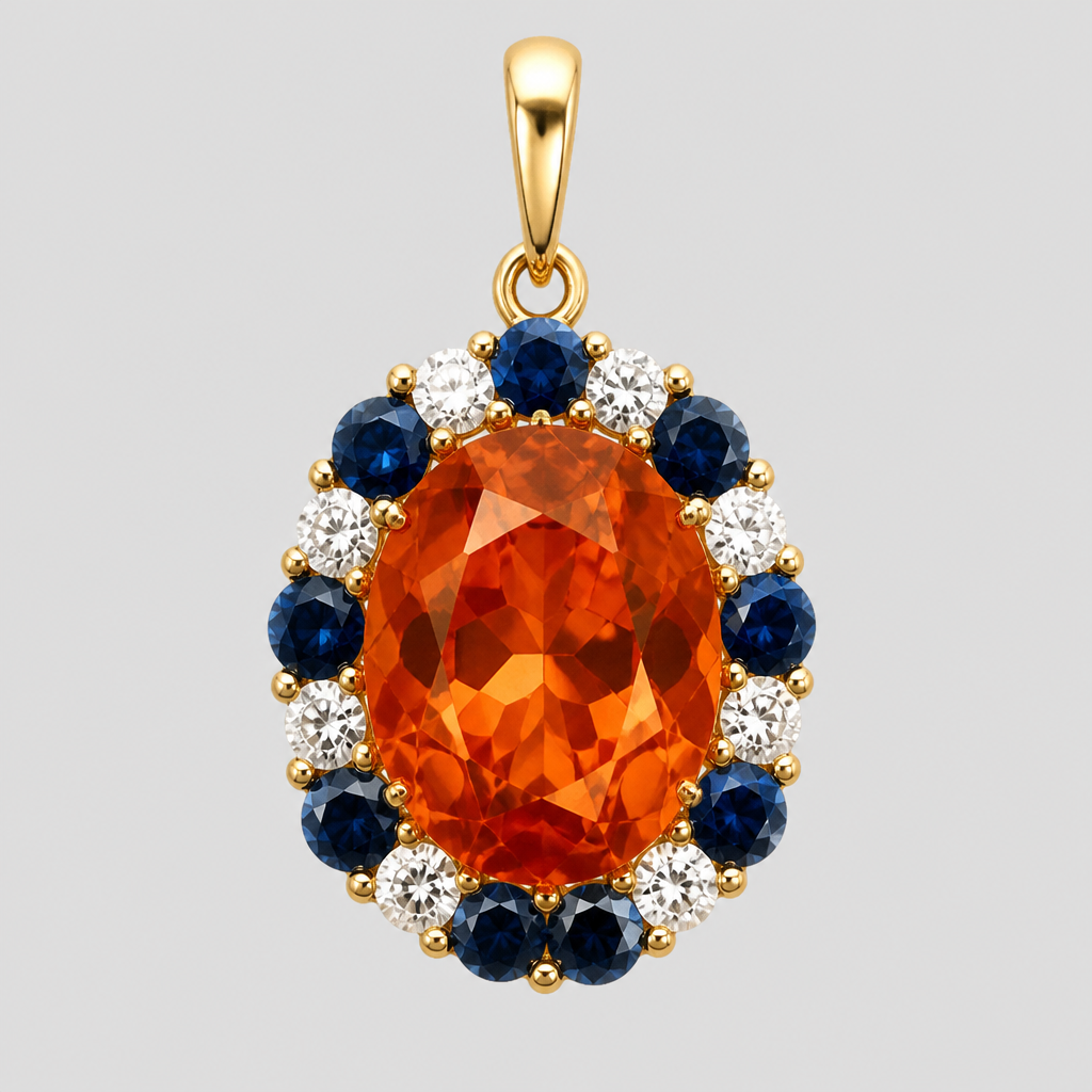 Give me a deep orange sapphire oval with small diamonds and medium navy blue sapphires alternating around the oval
photorealistic jewelry design, Give me a deep orange sapphire oval with small diamonds and medium navy blue sapphires alternating around the oval , pendant style, just the design no text