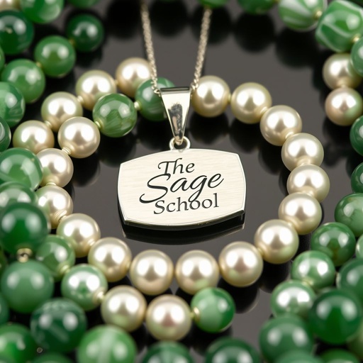 Green and white necklace that says The Sage School